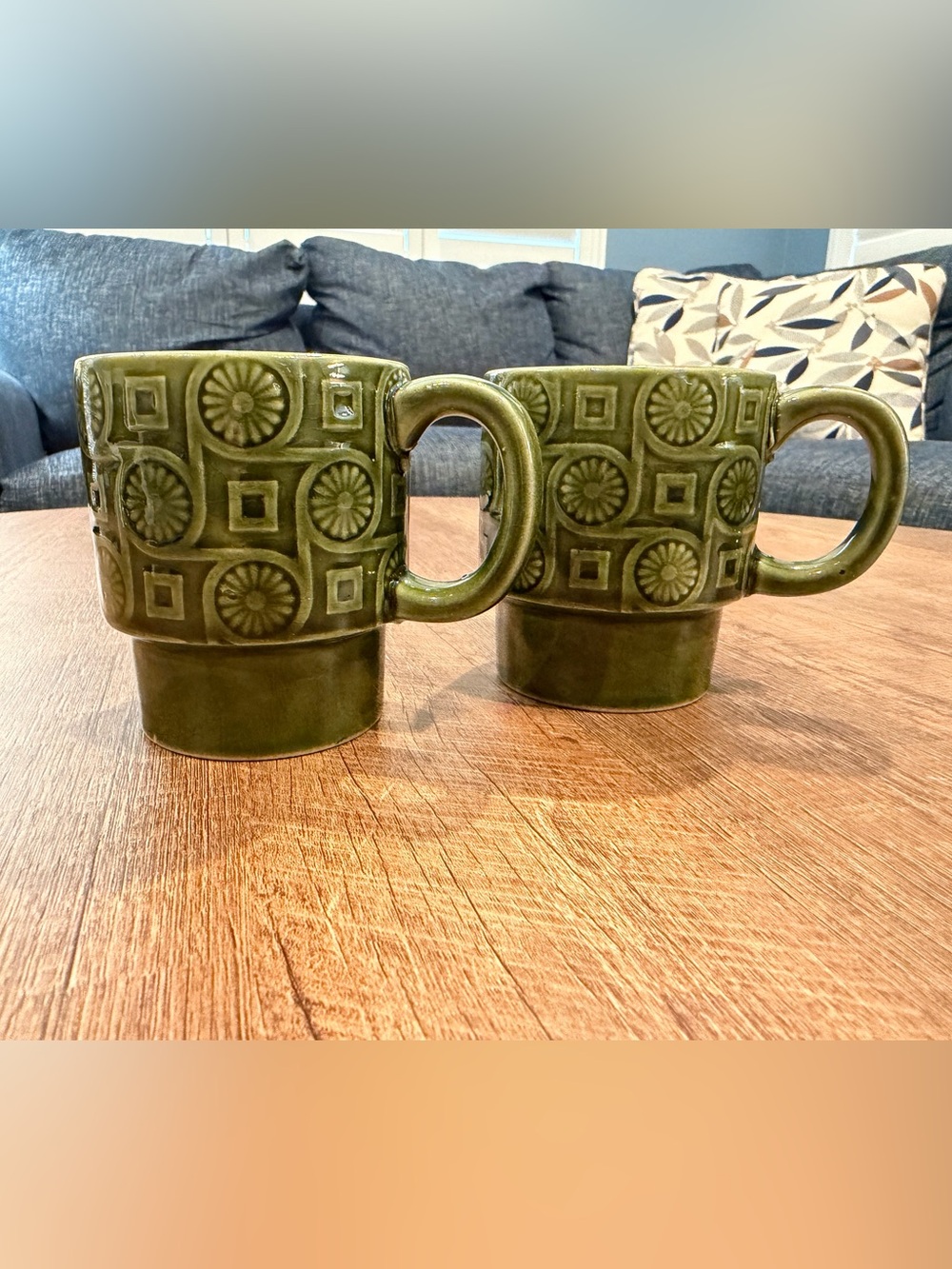 Vintage 1970s Green Ceramic Coffee Espresso Mugs - Set of 2- Made in Japan